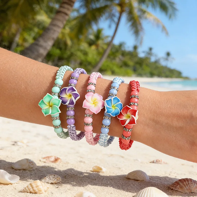 5 Stück Hawaiianische Plumeria-Blumen Perlenarmbänder Luau Sommer Strand Party Geschenk Aloha Tropische Geburtstagsdekoration Bohemian Hochzeit – Detail 2