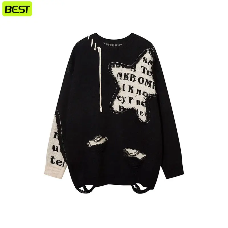

2024 Star Embroidery Ripped Sweater Fashion Loose Round Neck Long Sleeves Warm Autumn Pullovers