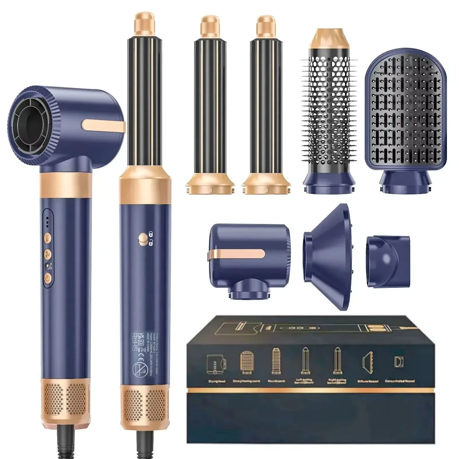 Professional 7 in 1 Auto Wrap Hair Dryer 1400W Powerful Straightener Hot Air Brush Hot Comb Multi Style High Speed Curling Iron