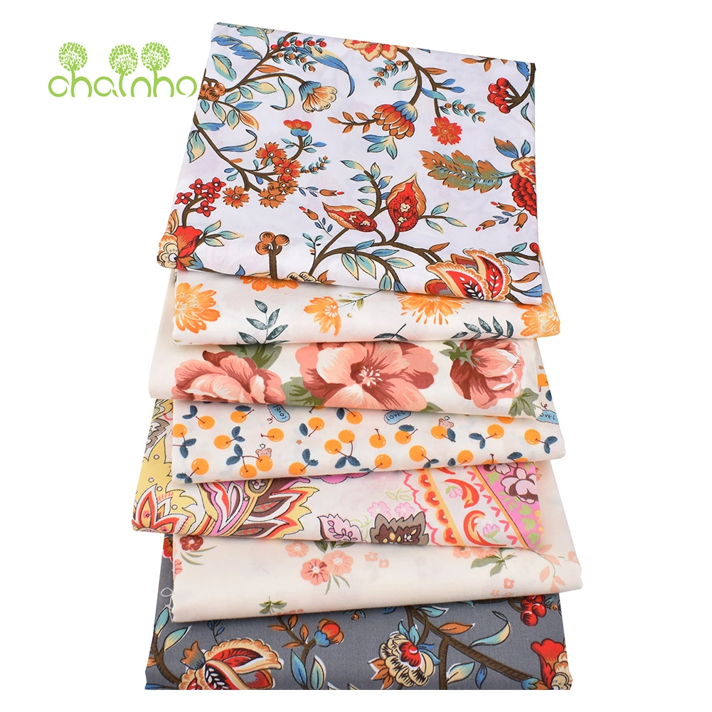 Chainho,Printed Twill Weave Cotton Fabric,DIY Sewing Quilting Material,Patchwork Cloth,Floral Series,4 Specification,CC351