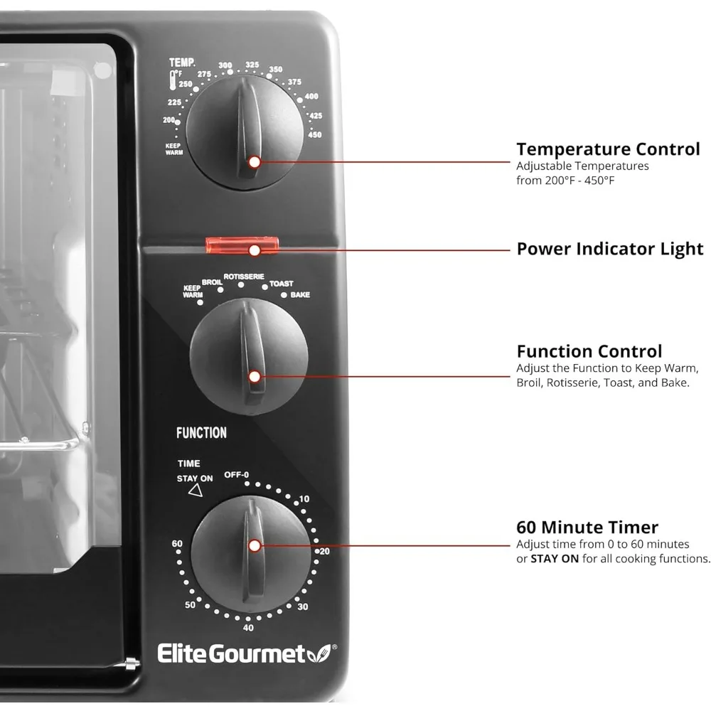 Elite Gourmet ERO-2008N# Countertop XL Toaster Oven, Rotisserie, Bake, Grill, Broil, Roast, Toast, Keep Warm and Steam 4