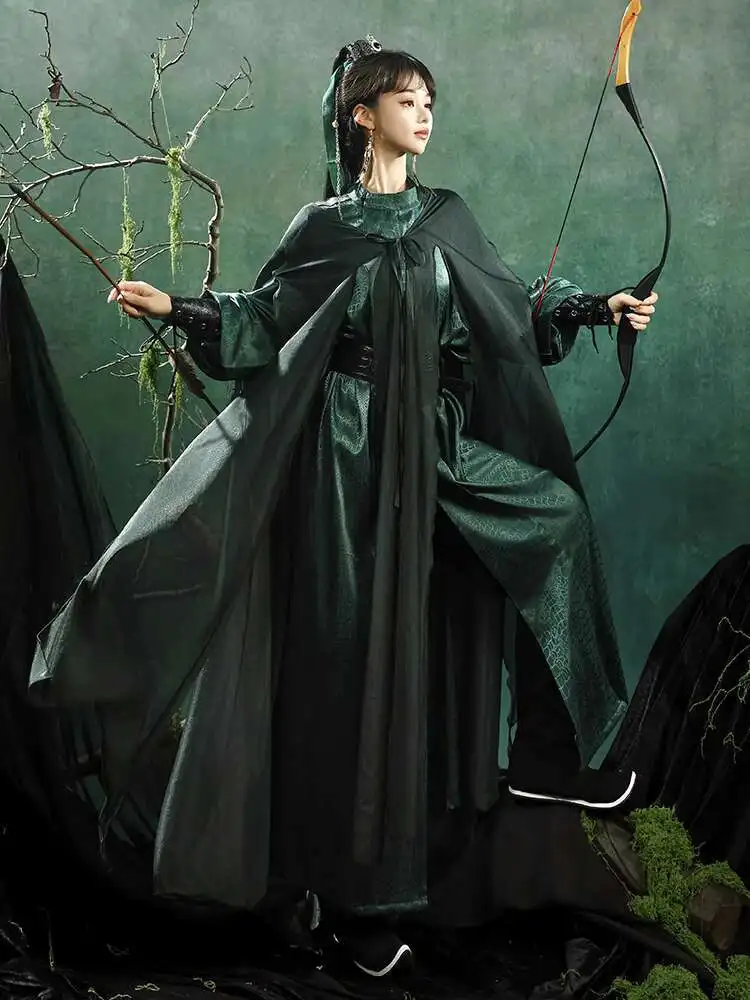 Hanfu Tang System Round Neck Robe Cloak Fairyism Guofeng Flowing Daily Cloak Wristband Cos Cosplay Cummerbund Green