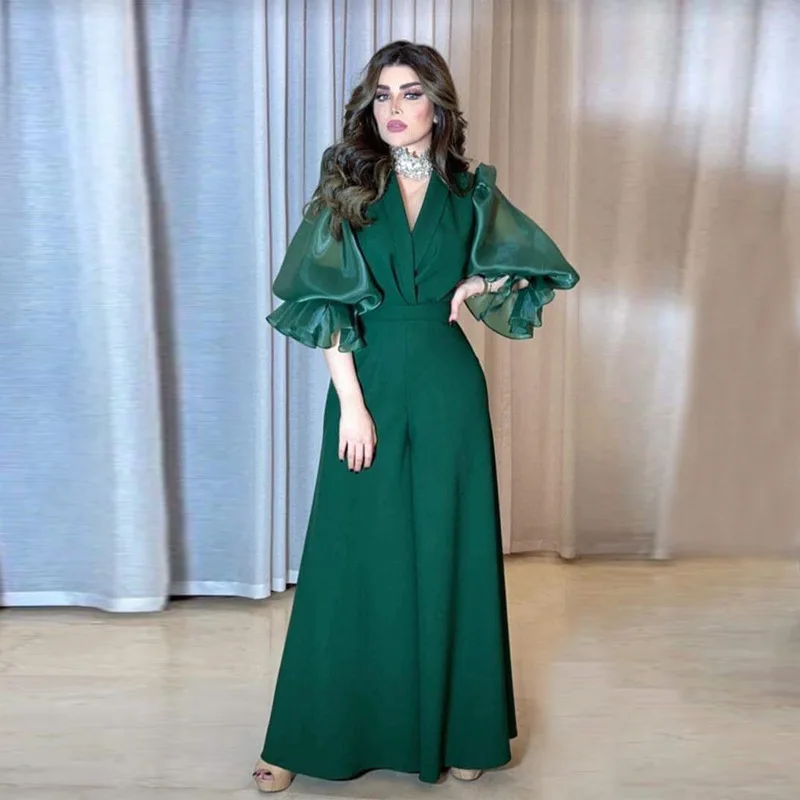 

French Style High Waist Short Sleeve Long Jumpsuit Women Fashion Vacation Pants V-neck Wide Leg Long Jumpsuit Women Clothes