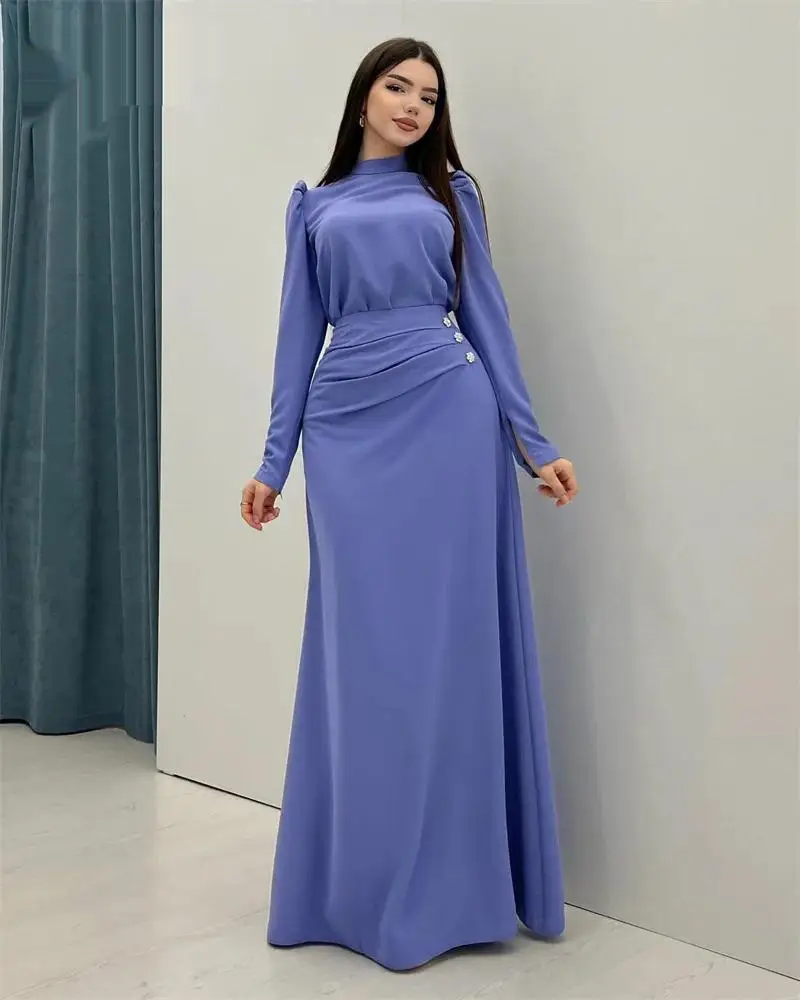 Blue High Neckline Prom Dress Full Sleeves With Floor Length Evening Summer Elegant Party Dress For Women 2024 elegant blue satin evening dress illusion zipper back a line floor length boat neck prom party gown at night half sleeves платье
