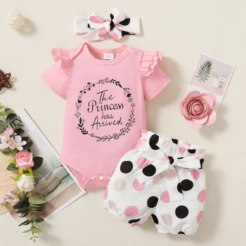 0-18 Months Newborn Baby Girl Clothing Ruffle Short Sleeves Bodysuit+Wave Point Shorts +Headband 3PCS Summer Clothes Outfit Set 1
