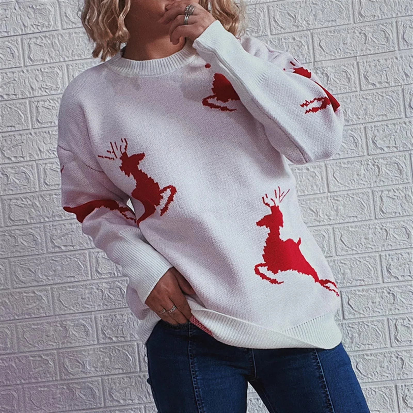 

Autumn Women's Clothing Womens Round Neck Warm Soft Christmas Pattern Print Knit Sweater Fashion Xmas Womens Autumn Pullovers