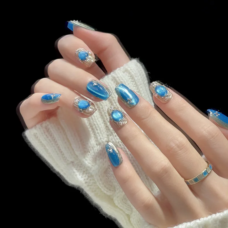 

10 Pcs Wearing False Nails Fake Nails Pure Handmade 【The Sea And The Sky】 Complimentary Nail Enhancement Kit