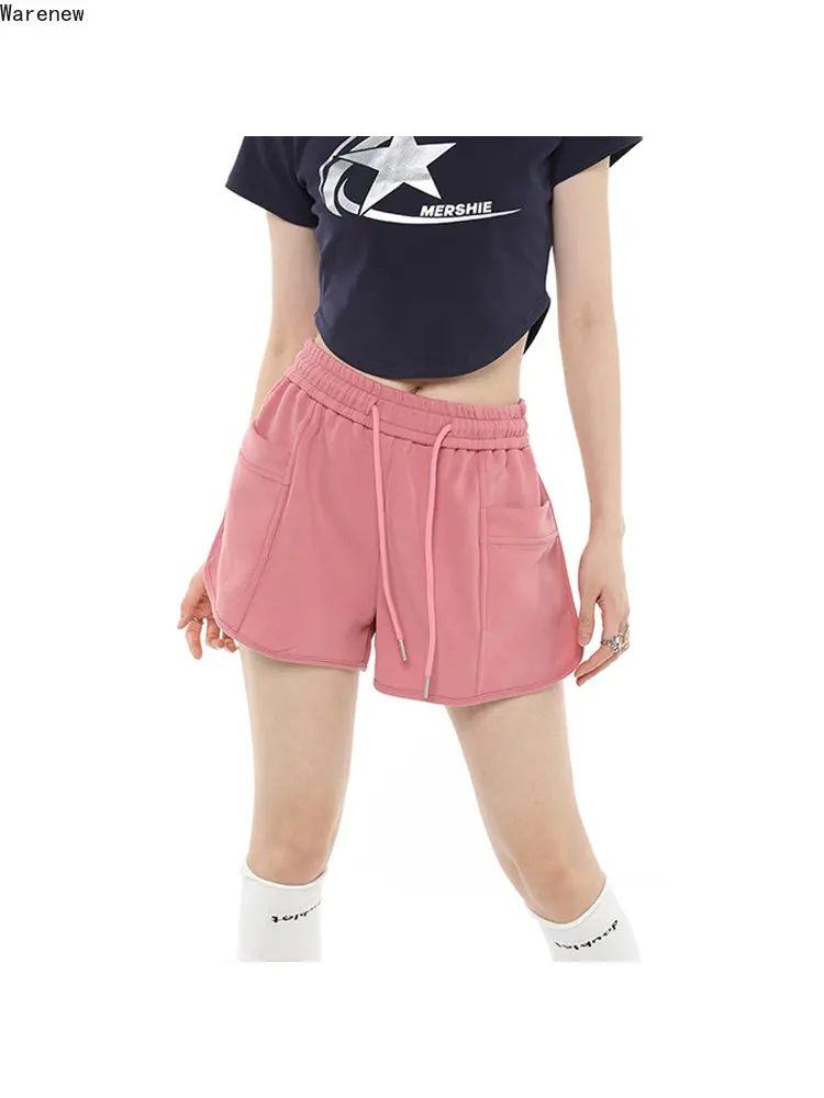 

Korean Casual Style High Waist Streetwear Pockets Pink Shorts 2023 Summer Women's Elastic Waist Loose Fit Female Sporty Shorts