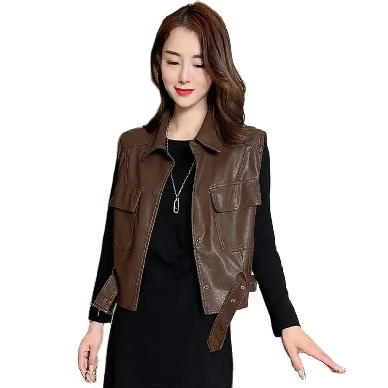 

Hong Kong Style Leather Vest Female Spring Autumn 2023 New Fashion PU Leather Jacket Women's Vest Waistcoat Locomotive Clothing