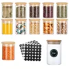 12 Pcs Round Spice Jars Glass Storage Jars with Bamboo Lids Stickers Candy Jars Coffee Jars Salt Jars Pepper Jars Tea Jars 1