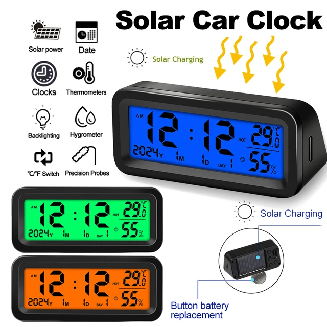 Solar Car Digital Clock Date Week Temperature Humidity LCD Backlit Display for Dashboard Car Clock Automobiles Internal Stick-On