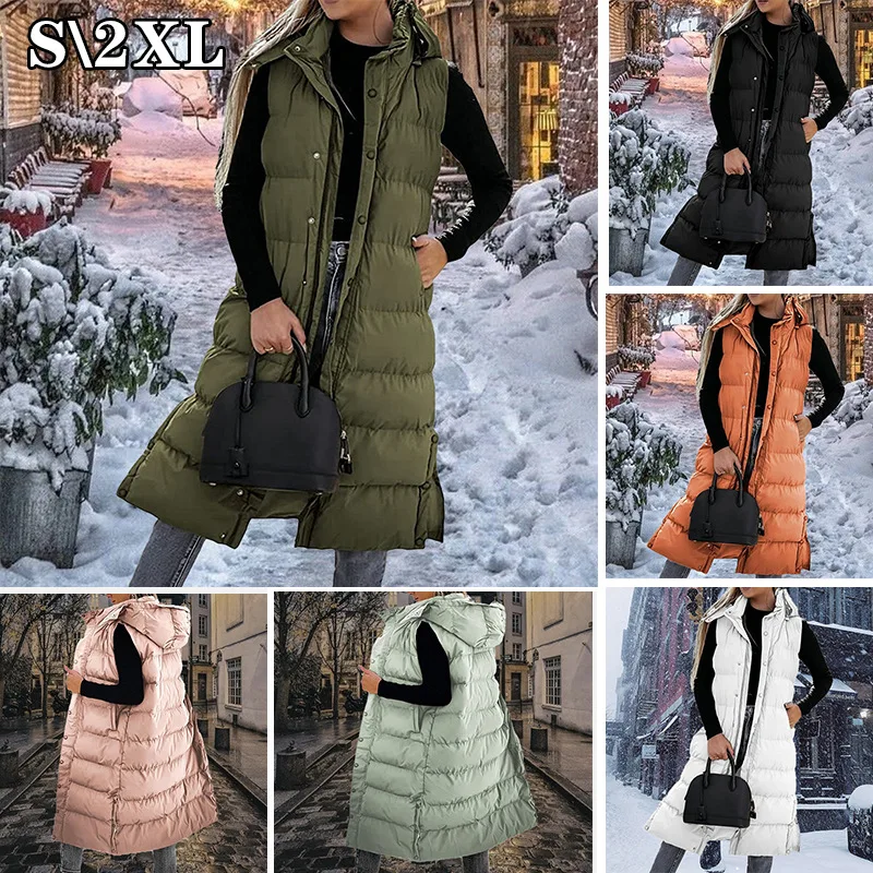 

Womens Long Hoodie Vest Winter Sleeveless Coat Warm Down Coat With Pockets Quilted Outdoor Jacket Zipped Single Breasted Top