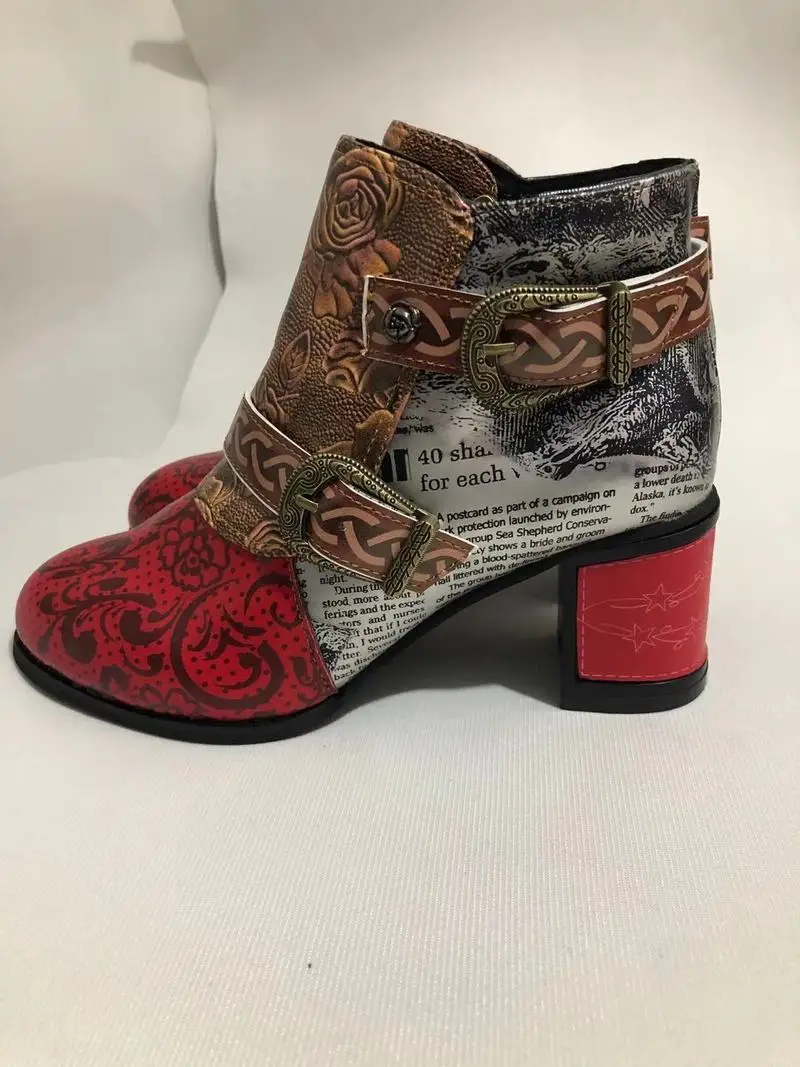 Women Ankle Boots Fashion Vintage Splicing Printed PU Leather Retro Block High Heels Zipper Big Size
