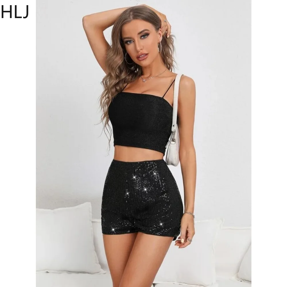 HLJ Black Fashion Sequin Straight Shorts Women High Waisted Slim Party Club Matching Bottoms Casual Female Solid Color Clothing