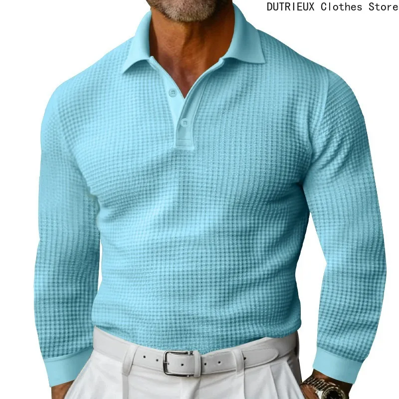 T-shirt sportiva con bottoni risvolto a maniche lunghe con motivo waffle, polo da uomo d'affari autunnale, top casual comodo e traspirante - immagine 4