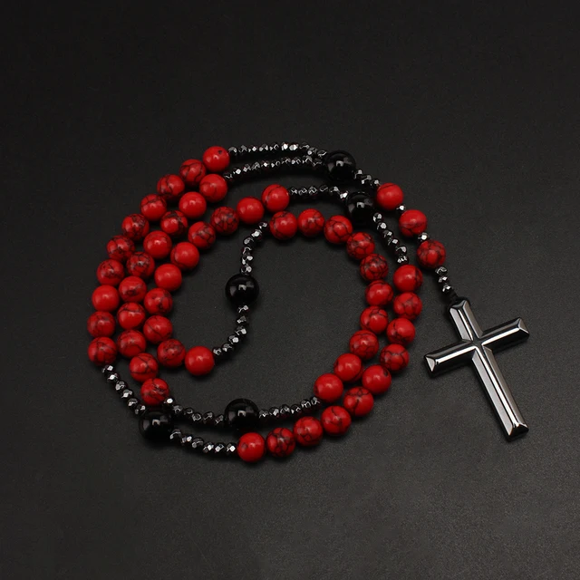 Perles turquoise rouge naturelles de 8 mm avec pendentif croix en hématite pour hommes et femmes 1