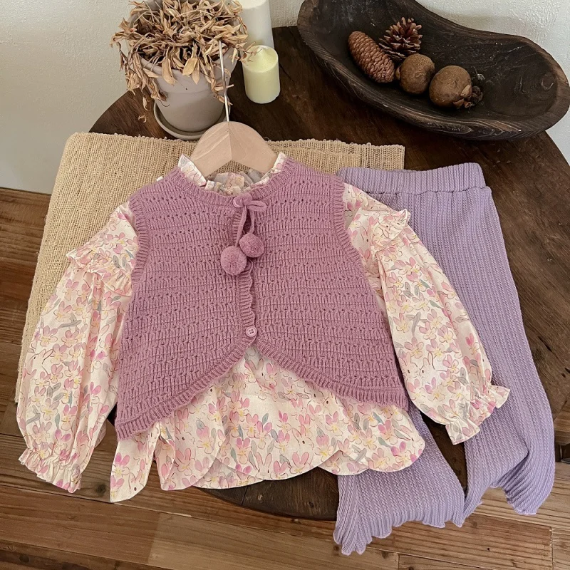 

Girls' Suit New Women's Wool Vest Cartoon Printed Puff Sleeve Top Casual Trousers