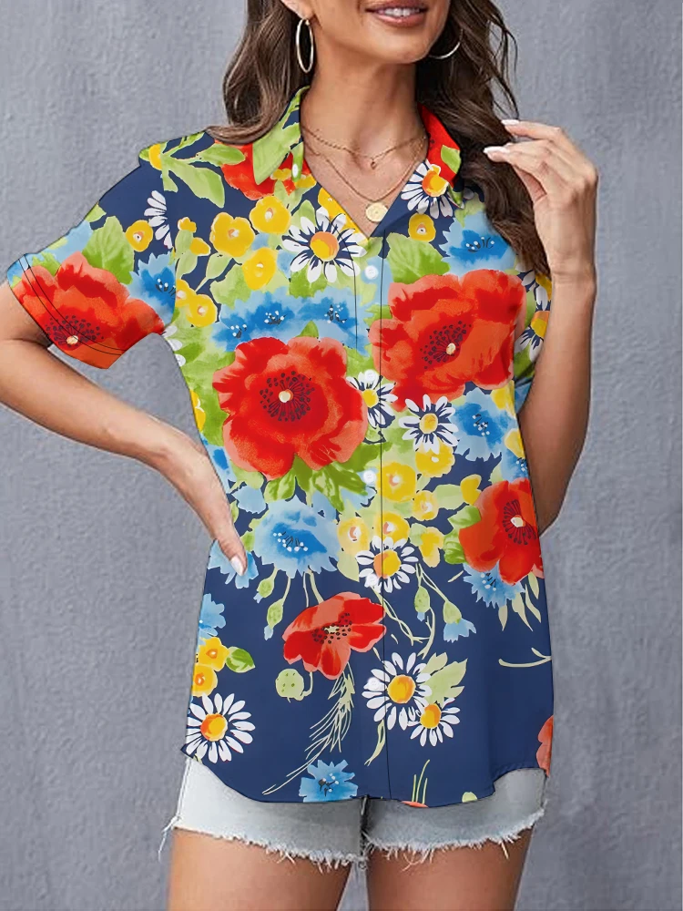 

2024 Summer New Short Sleeve Women's Shirt Colorful Flower 3D Digital Printed Shirt Temperament Fashion Women's Top