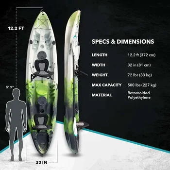 Kayak , 2 or 3 Person Sit on Top, 2 EVA Padded Seats, 2 Aluminum Paddles and Fishing Rod Holder Mounts Hard Shell Kayak 2