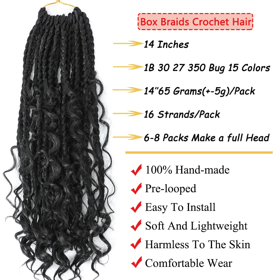 Crochet Hair Extensions 14 Inch Bob Box Braids Crochet Hair 1B for Kids Bohemian Crochet Synthetic Boho Box Braids
