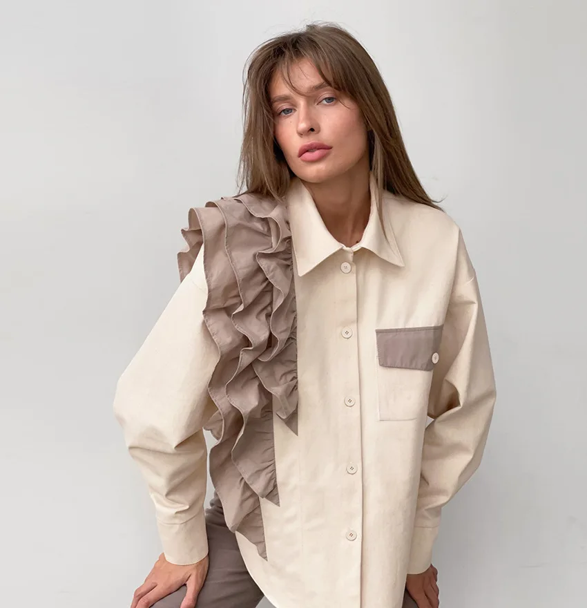 

Clothland Women Sweet Ruffled Blouse Asymmetrical Design Long Sleeve Pocket Candy Color Shirt Office Wear Tops Blusa LA943