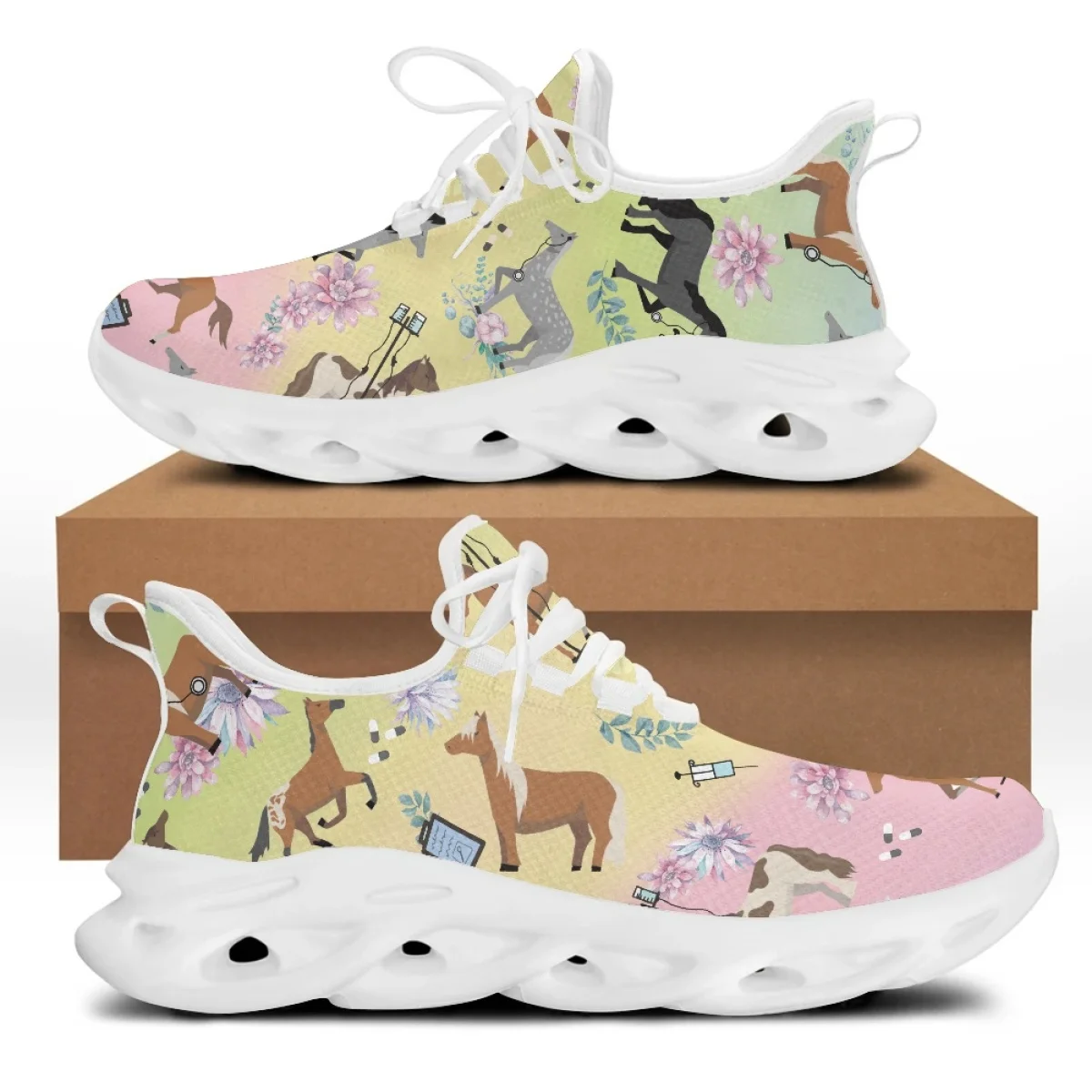 Yikeluo Cartoon Pattern Horse Medicine Casual Lace up Mesh Swing Sneakers for Women Nurse Shoes Lady Lightweight Footwear