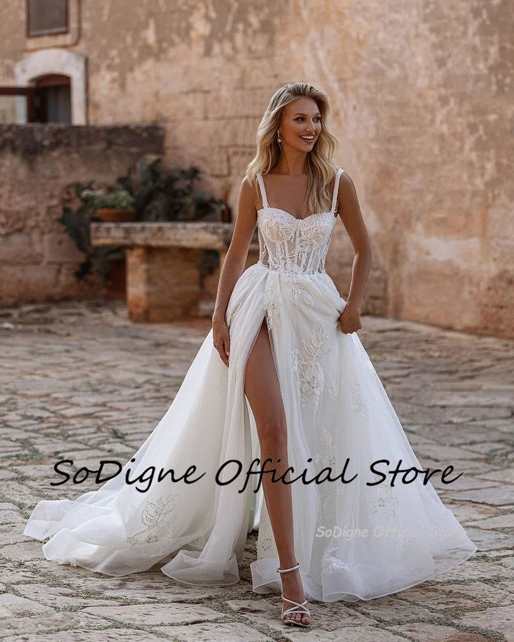 SoDigne A-line Tulle Wedding Dresses Sweetheart Spaghetti Straps Appliques Bride Dress Split Long Bridal Gown Vestido De Noiva 2