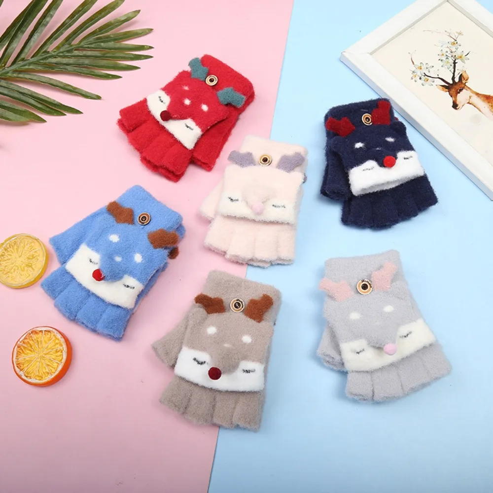 Cartoon Thick Kids Gloves Winter Warm Breathable Fingerless Gloves Cold-proof Knitting Mittens Baby Kids