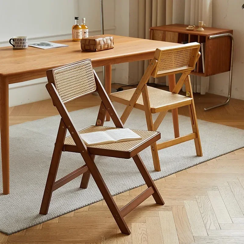 Dining Chair Folding Rattan Household Nanzhu Solid Wood Stool Backrest Dining Chair Sillas Para Comedor Scandinavian Furniture