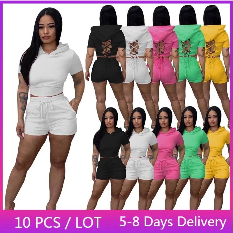 

Wholesale Items Streetwear Two Piece Set Women Clothing Summer Solid Joggers Women Set Hooded Lace-up Crop Top and Shorts Set