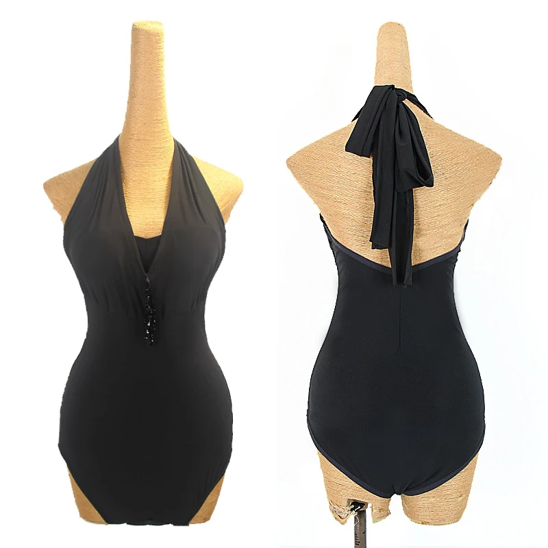 Latin Dance Clothes Women Adult Backless Halter Lace-Up Black Bodysuit Rumba Ballroom Dance Practice Tops Glass Tassels DNV20494