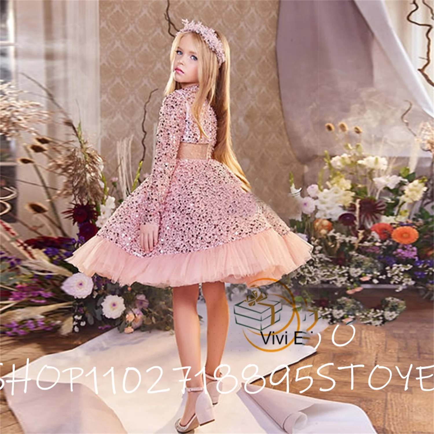 

Pink A Line Full Sleeve Cute Flower Girl Dresses Summer Tiered Knee Length Scoop Sequined Christmas Gown for Princess