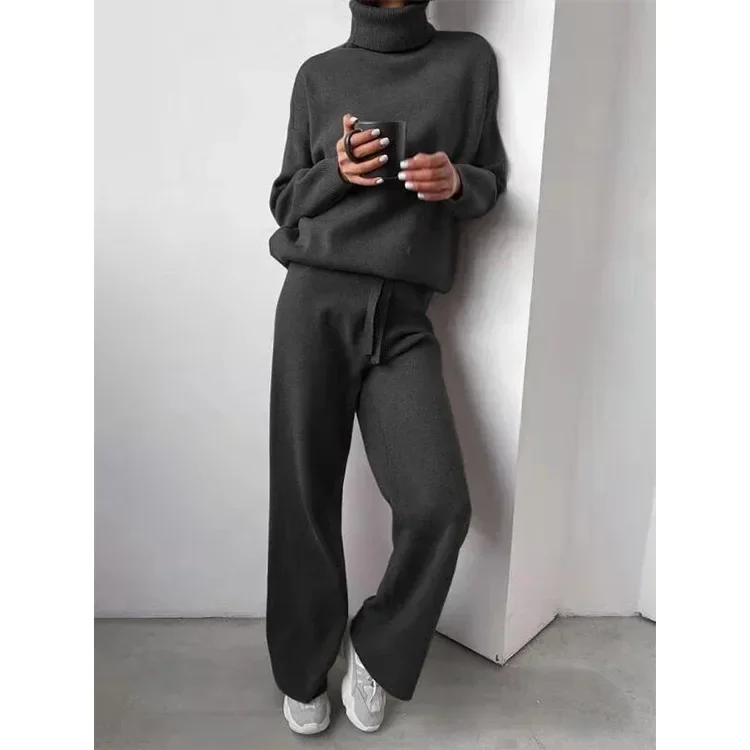 

Two Piece Sets Women Solid Turtleneck Full Sleeve Tops Sweaters Knitted Wide Leg Long Pants Set Splice Loose Autumn Winter