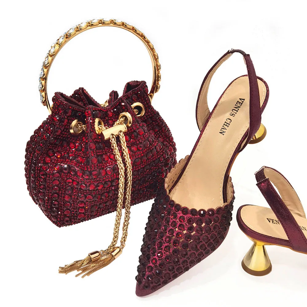 

Perfect Sequins Excellent Newest Style Wine Color Elegant High Heels Nigeria Popular Design African Ladies Shoes And Bag Set