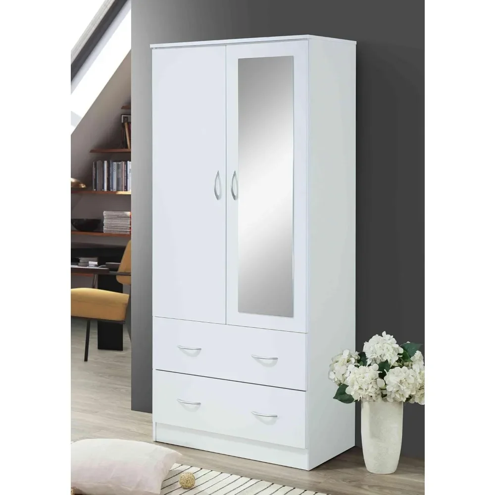 

2 Door Wood Wardrobe Bedroom Closet with Clothing Rod inside Cabinet, 2 Drawers for Storage and Mirror, White