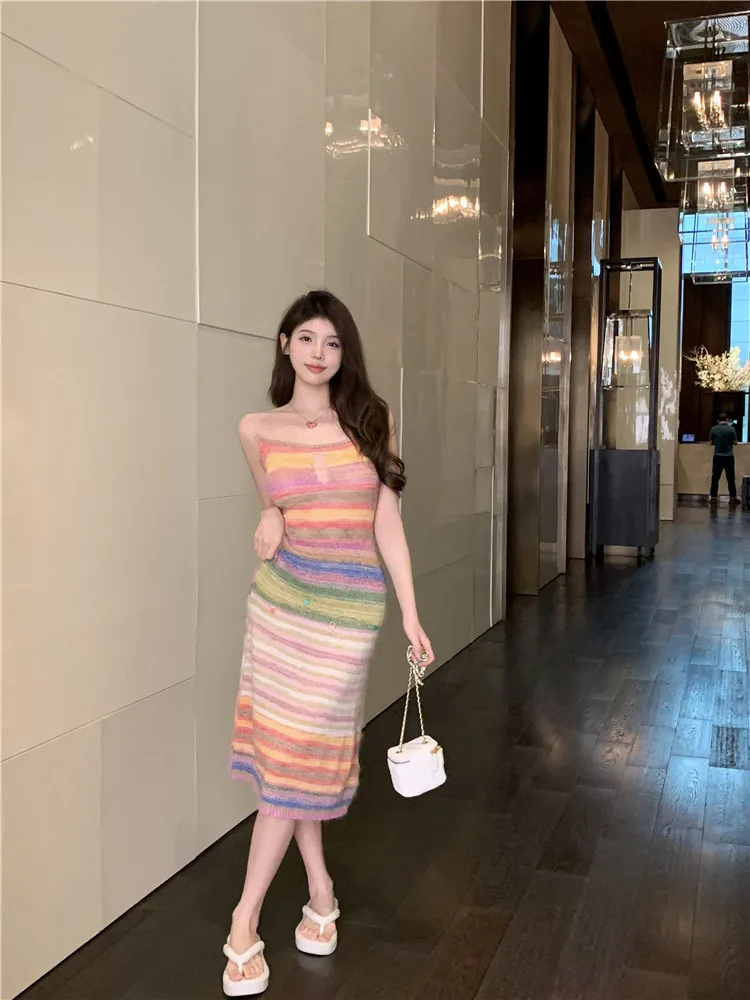 

Rainbow Striped Knit Strap Dress Female Vestidos Summer Sweet Hollow Out Design Dresses Sexy Fanny Pack Hip