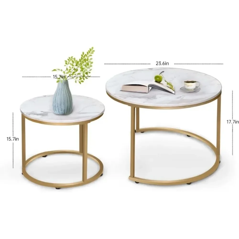 Coffee Table Nesting White Set of 2 Side Set Golden Frame Circular Round and Marble Pattern Wooden Tables 3