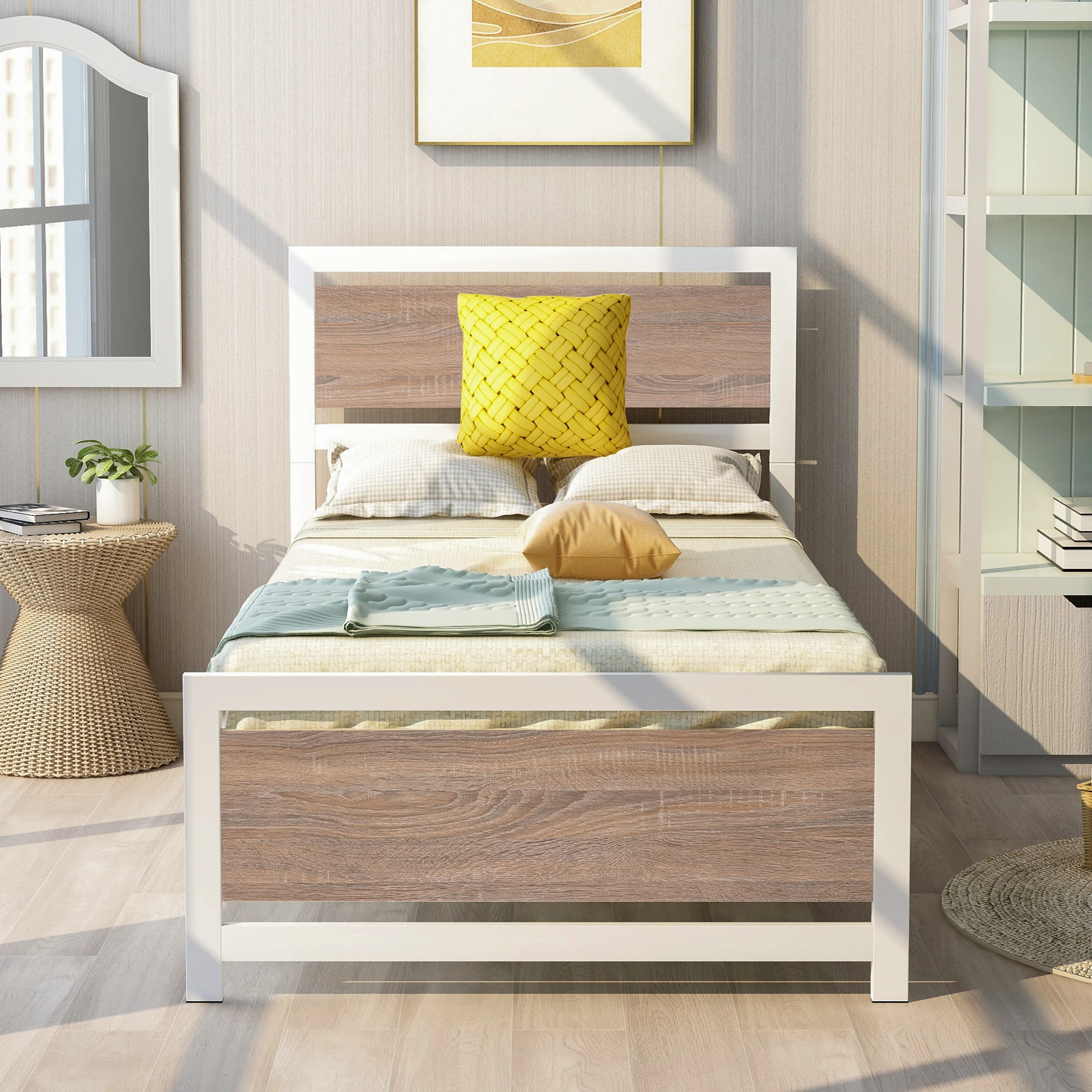 

US Warehouse Metal and Wood Bed Frame with Headboard and Footboard Twin/Full/Queen Size Platform Bed Easy to Assemble