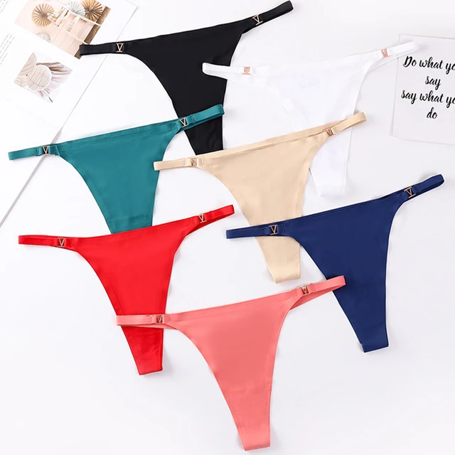 2Pcs Womens Solid Ice Silk Sexy Thong Nude V Buckle Pure Desire