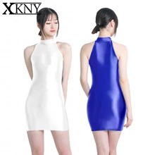  XCKNY oil Glossy hip dress elastic slip glossy tight skirt high neck halter long skirt smooth casual sports skirt 