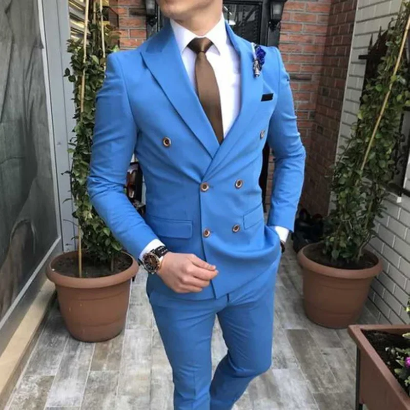 Slim Fit Double Breasted Suits for Men 2 Piece Light Blue Wedding Tuxedo for Groom with Peaked Lapel Custom Man Fashion Costume