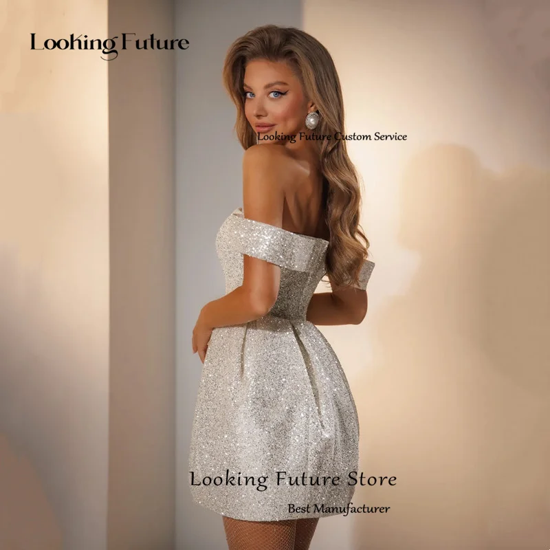 Luxury Shiny Sequined Mini Wedding Dress Simple Off Shoulder Strapless Bridal Sexy Backless Sleeveless Above Knee Customized 12 S838b3a42e37442e6bbfad0a84220275ad
