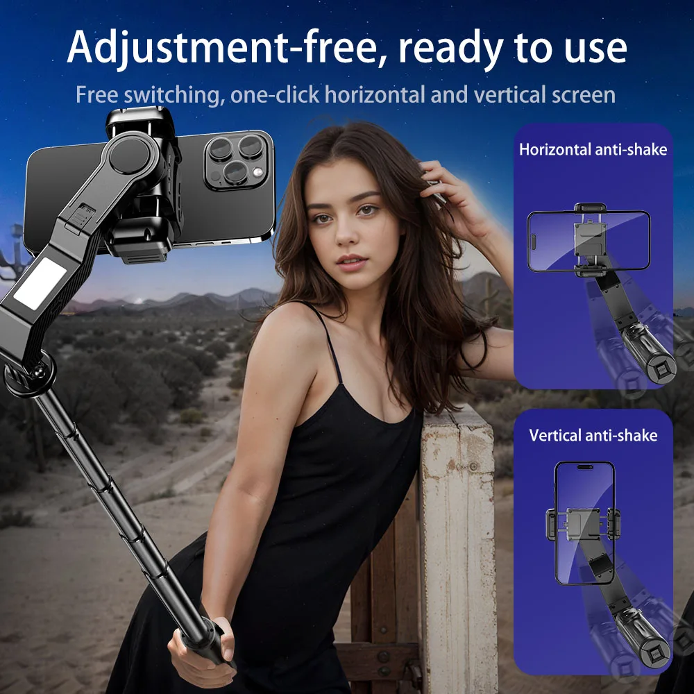 Stabilisateur cardan pour perche selfie plié avec trépied léger, prêt à être rangé dans un sac.