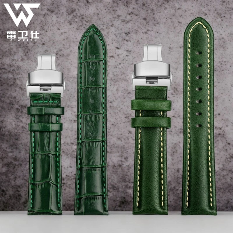 Elegant Green Leather Watch Strap with Butterfly Clasp - Soft Cowhide Band & Tool Included