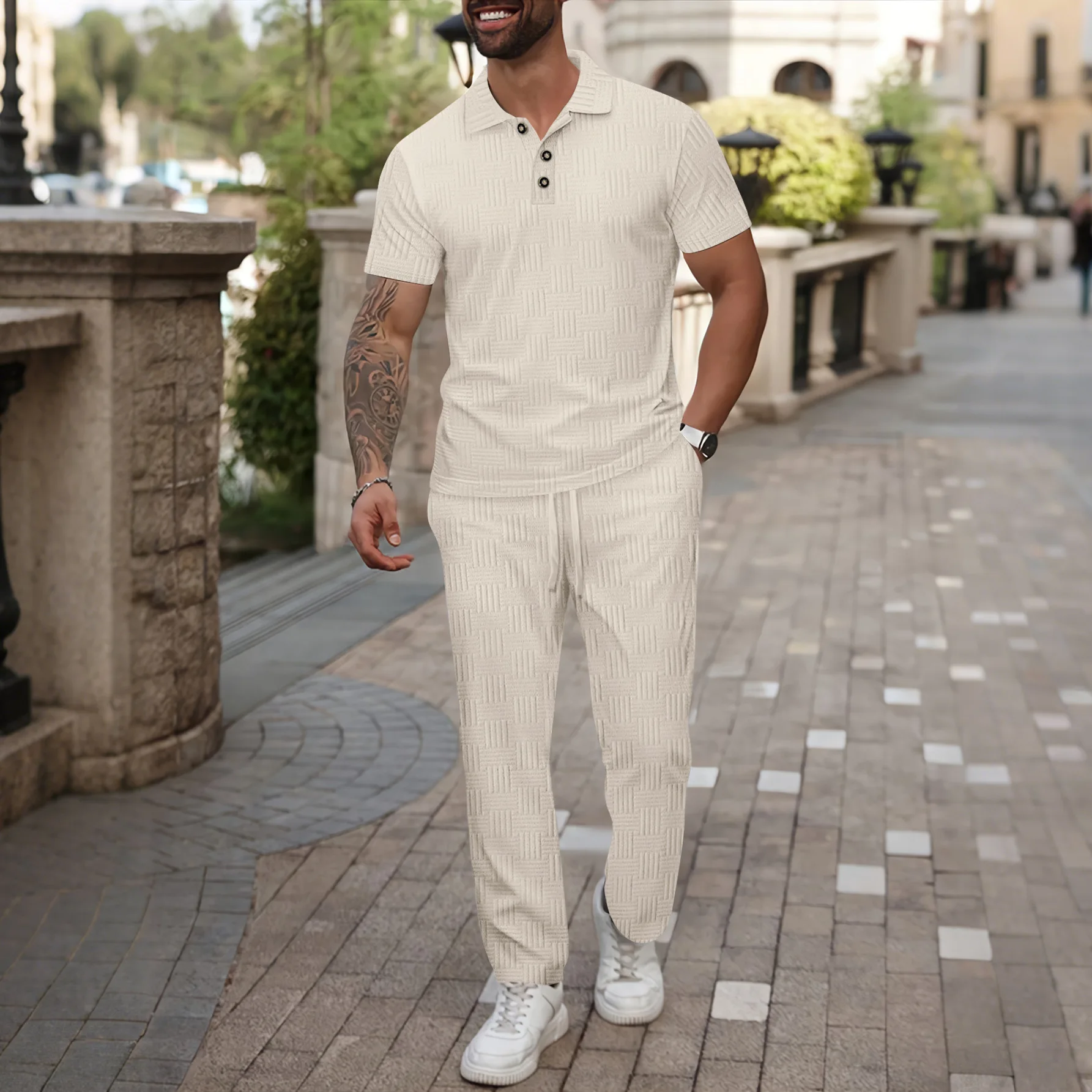 Mens Solid Color Polo Shirt And Long Pants Casual Set