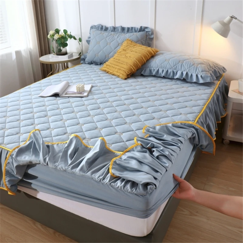 

Texture Quilted Bed Skirt Thicken Mattress Cover Embroidery Bedspread King Good Hand Feeling Bed Cover Not Included Pillowcase