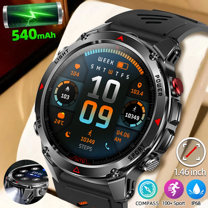 LIGE GPS Sports Smart Watch Men HD Full Touch Screen 500mAh Battery Waterproof Flashlight Compass Bluetooth Call Smartwatch Men