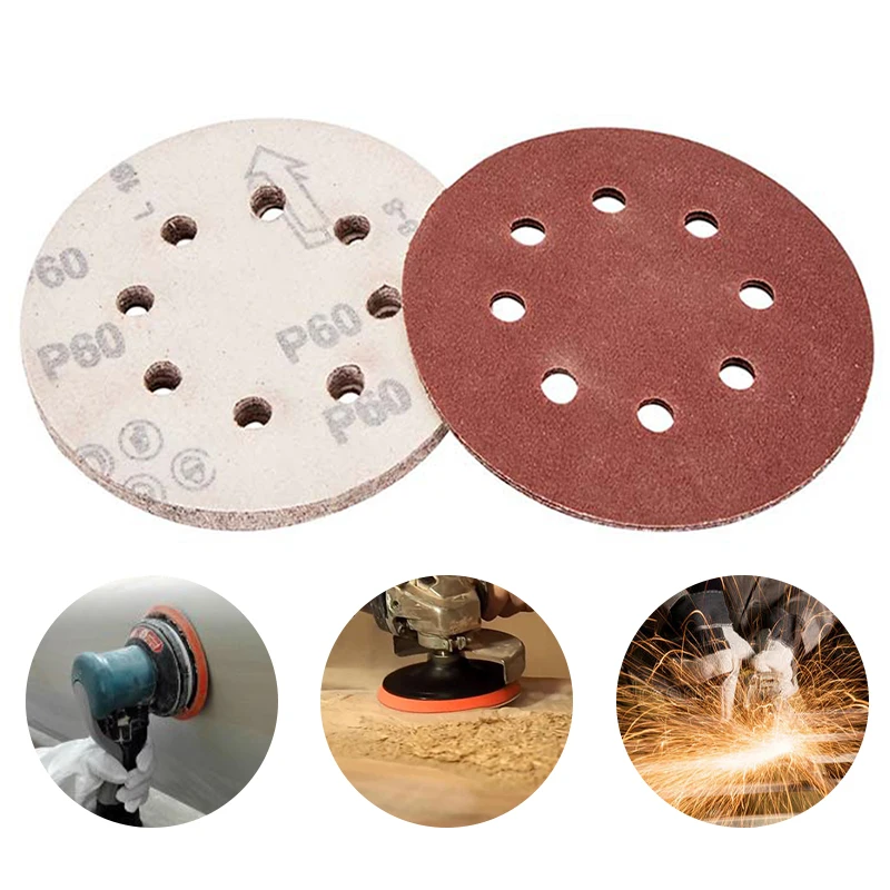 

50/100 шт., зернистость 80-, зернистость 5 дюймов, 8 отверстий, полированная круглая наждачная бумага, металлический зеркальный резиновый диск, листы песка, крючок-петля, абразивные материалы