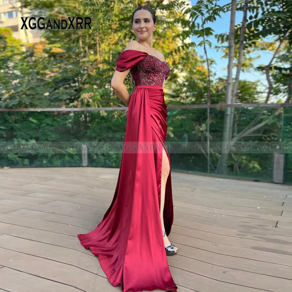 Burgundy Long Evening Dresses Elegant Design Wine Red Formal Women Party Gowns High Slit Arab Style Beaded Satin Prom Gala Dress
