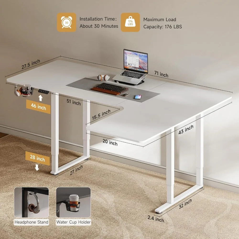 Standing Desk, 71x43 Inches L Shaped Desk with 4 Legs, Dual Motor and Memory Controller, Electric Stand Up Desk Adjustable Heigh 2